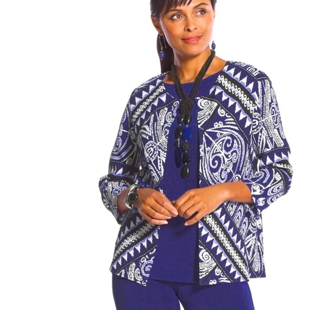 Chico's Travelers Collection Scroll Stripe Crushed Textured Jacket Size 12